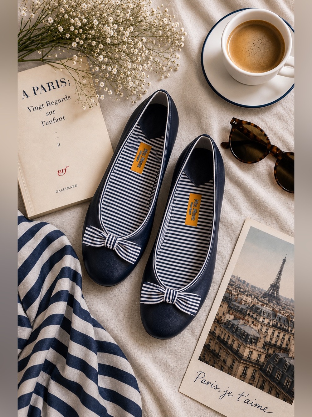 MIZ MOOZ by Gazith Navy Blue Vegan Leather Striped Bow Ballet Flats Round Toe 9 - Picture 3 of 12